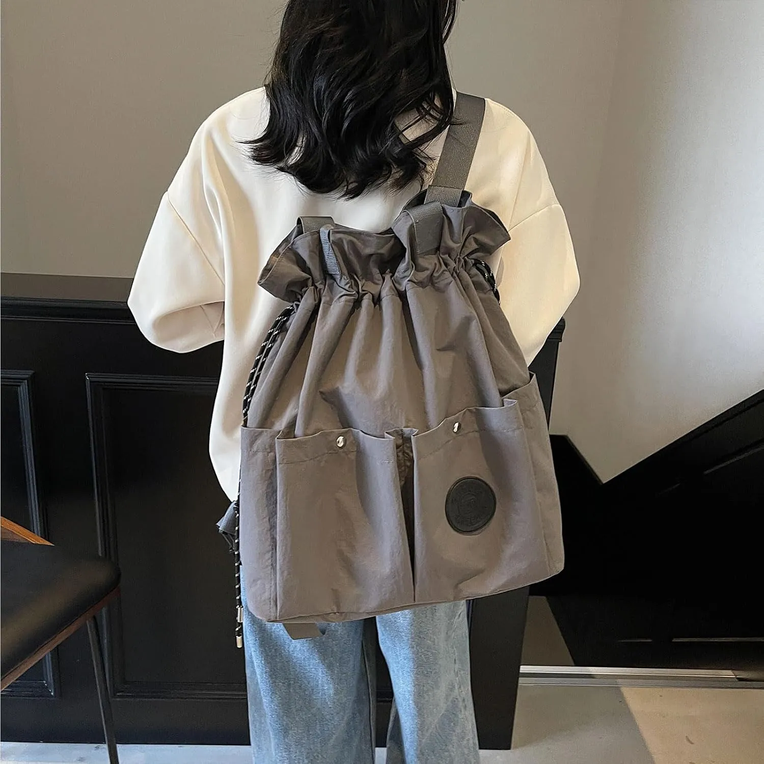 Nylon Hobo Bag Plain Backpack Casual Shoulder Tote Stachel Bag Travel Daypacks (Grey)