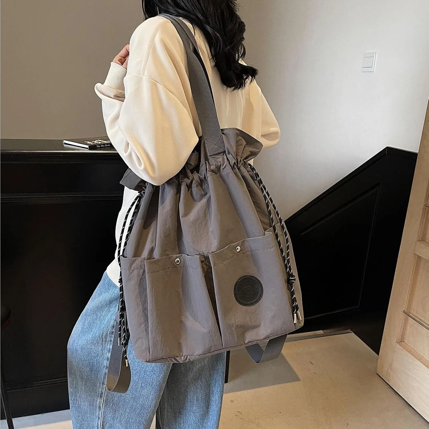 Nylon Hobo Bag Plain Backpack Casual Shoulder Tote Stachel Bag Travel Daypacks (Grey)