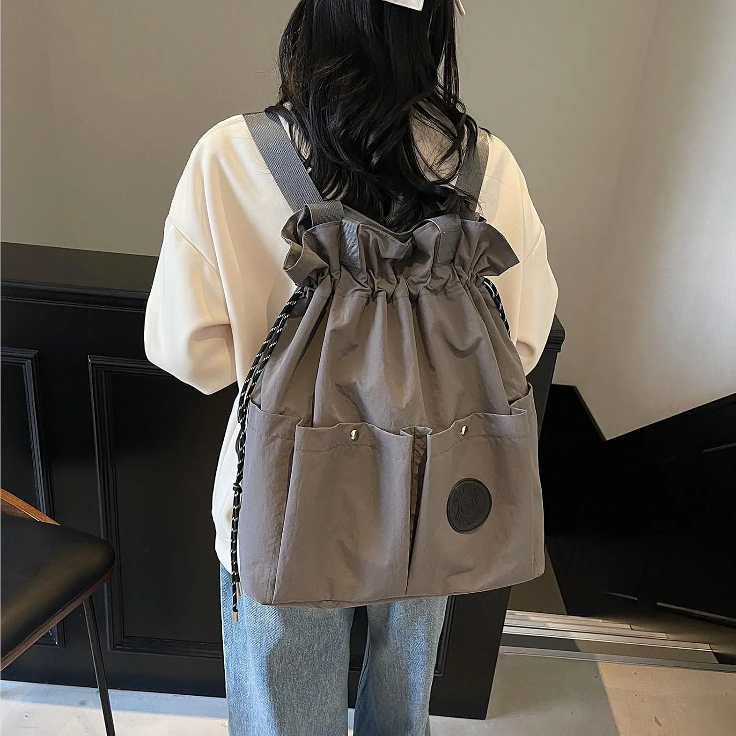 Nylon Hobo Bag Plain Backpack Casual Shoulder Tote Stachel Bag Travel Daypacks (Grey)