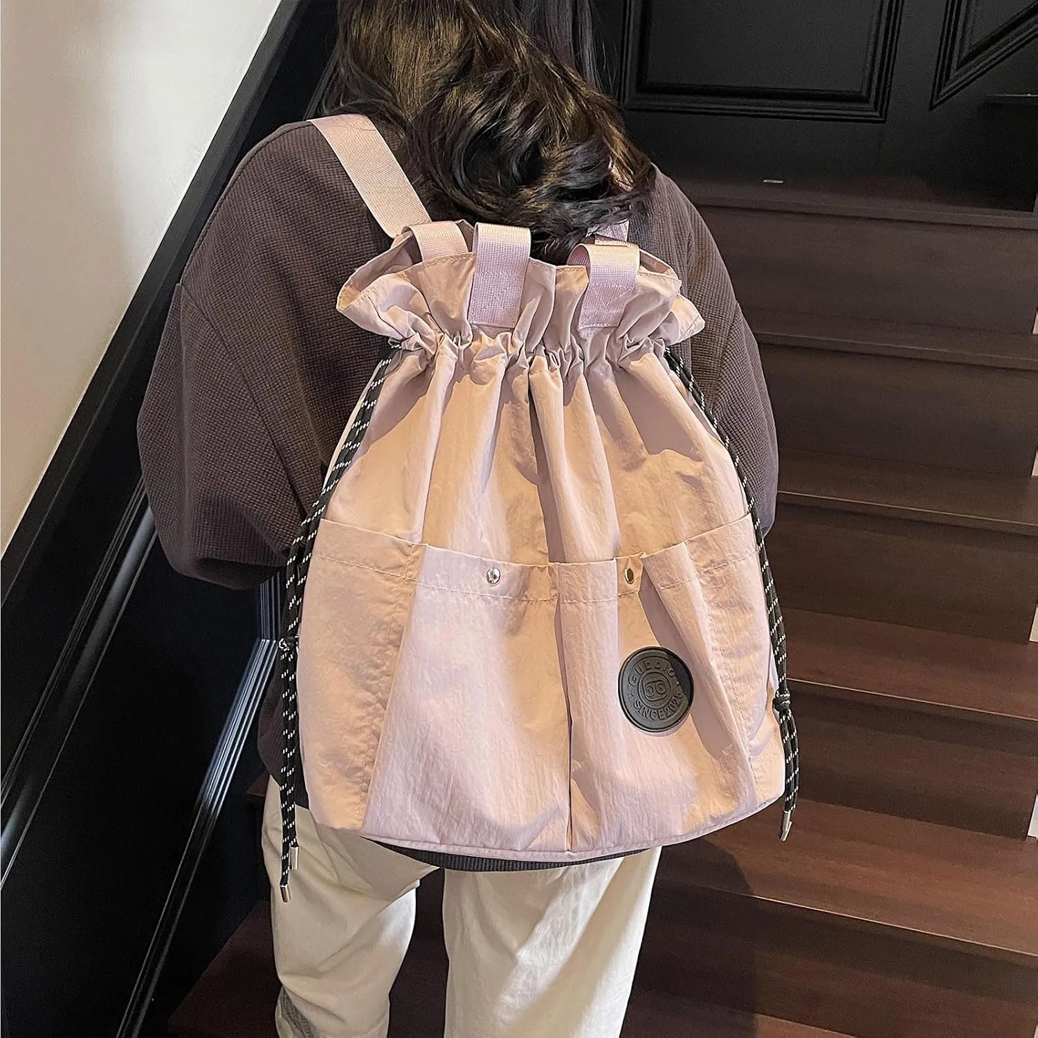 Nylon Hobo Bag Plain Backpack Casual Shoulder Tote Stachel Bag Travel Daypacks (Purple)