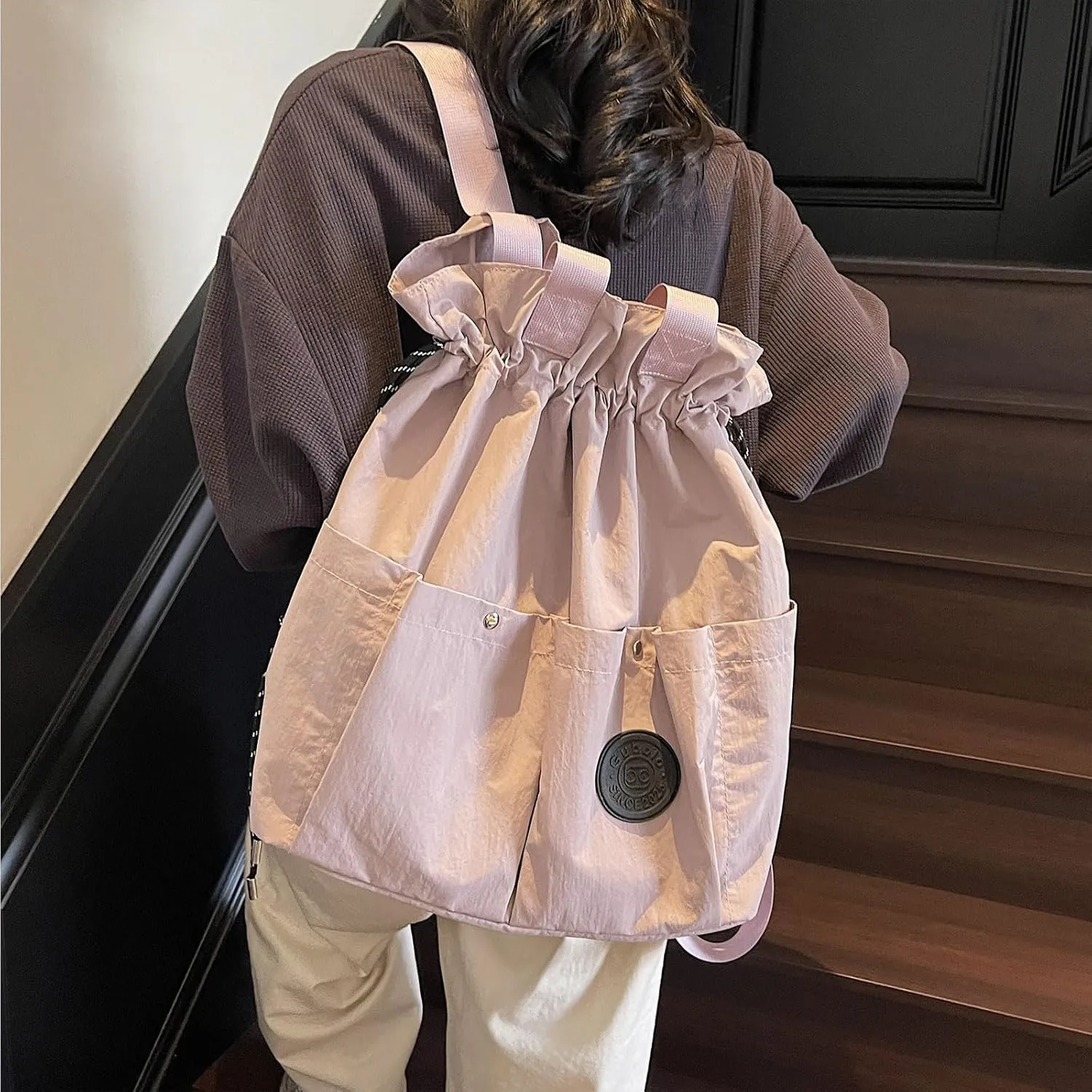 Nylon Hobo Bag Plain Backpack Casual Shoulder Tote Stachel Bag Travel Daypacks (Purple)