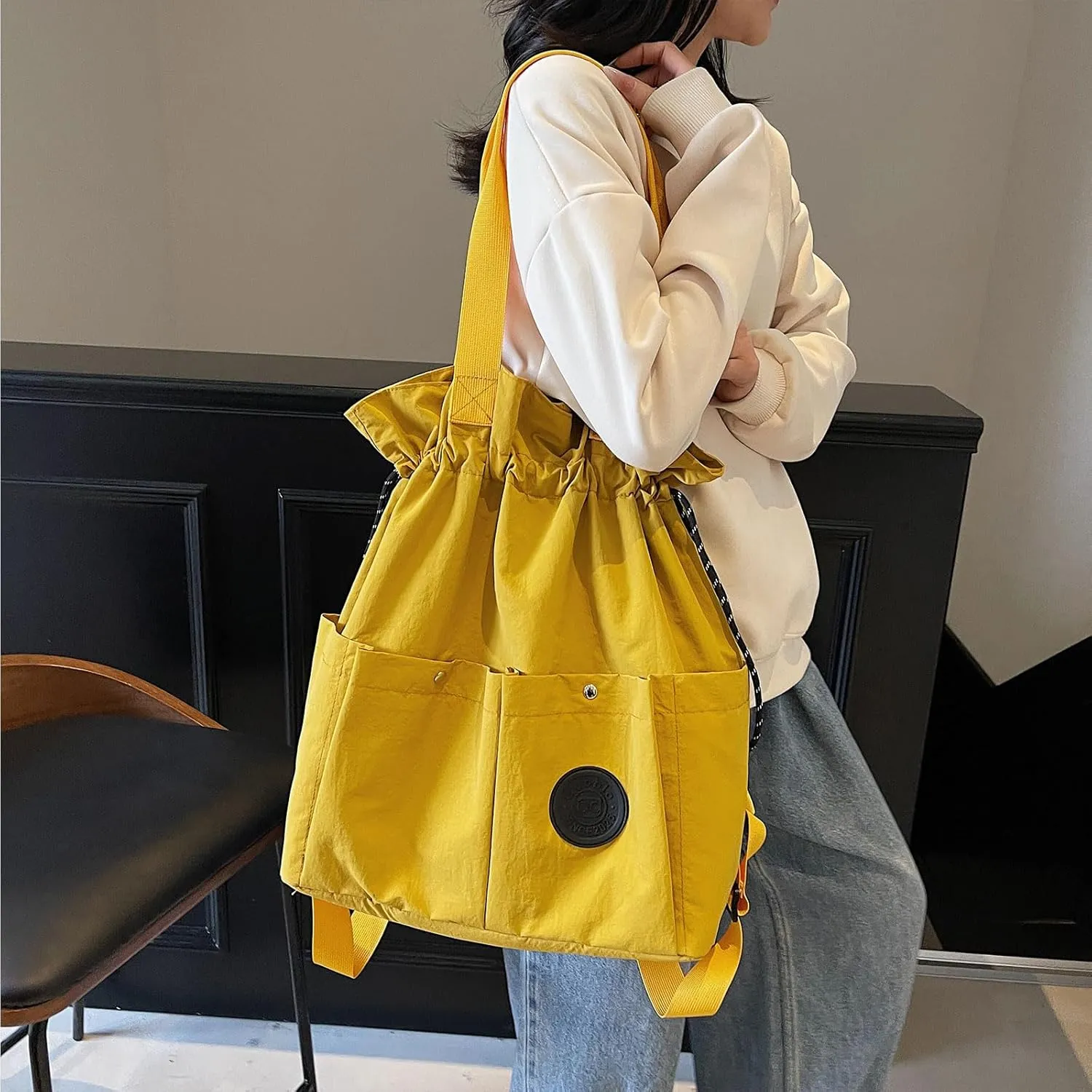 Nylon Hobo Bag Plain Backpack Casual Shoulder Tote Stachel Bag Travel Daypacks (Yellow)