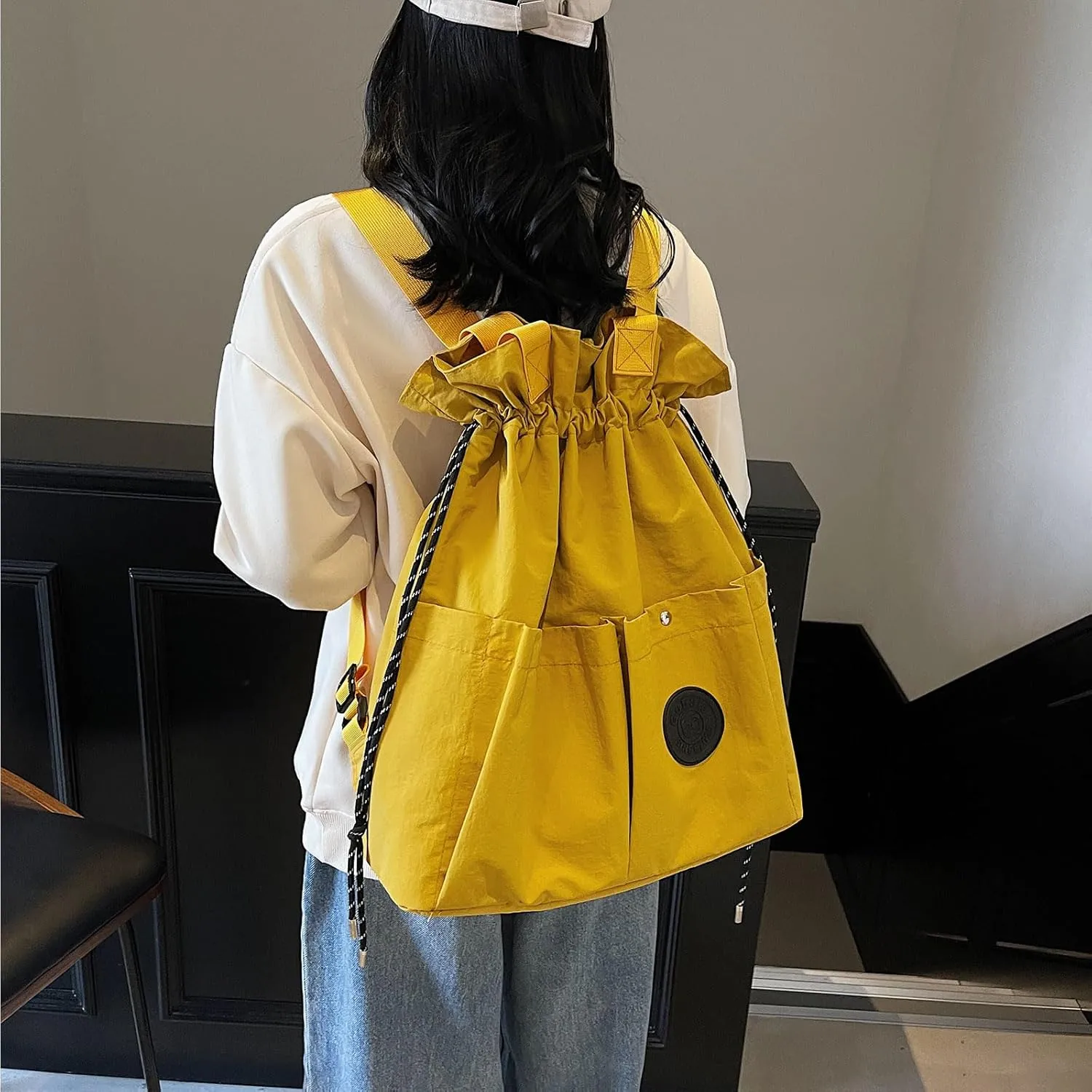 Nylon Hobo Bag Plain Backpack Casual Shoulder Tote Stachel Bag Travel Daypacks (Yellow)