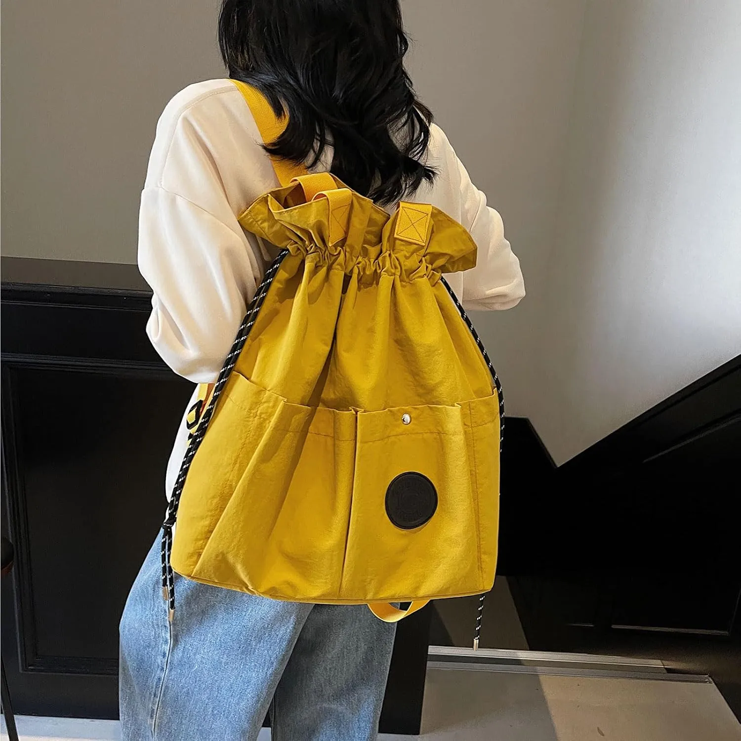 Nylon Hobo Bag Plain Backpack Casual Shoulder Tote Stachel Bag Travel Daypacks (Yellow)