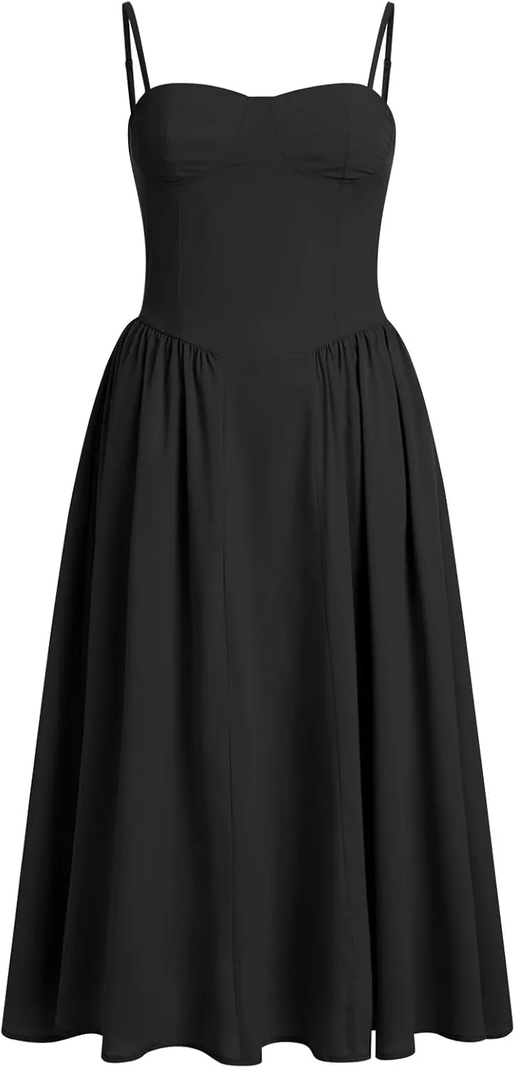OBEEII Corset Dress for Women Summer Sundress Spaghetti Straps Bustier Midi Dress with Pockets Flowy Graduation Party Dress