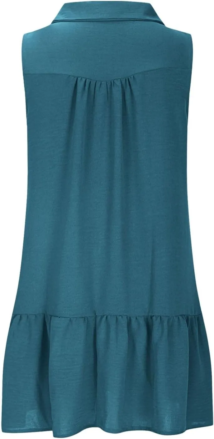 Oplxuo Women's Summer Mini Dress Sleeveless Lapel V-Neck Button Short Tank Sundress Flowy Ruffle Tiered Beach Vacation Dress