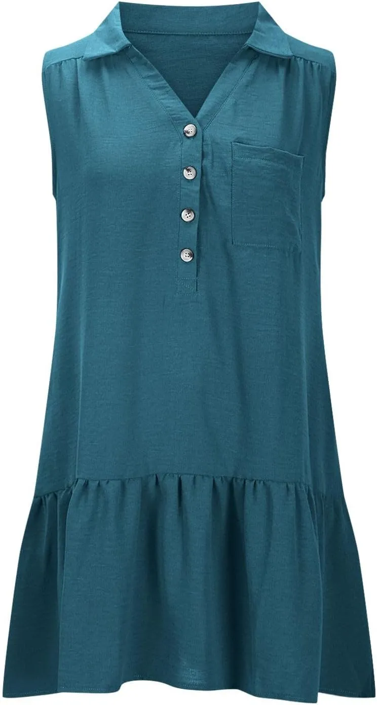 Oplxuo Women's Summer Mini Dress Sleeveless Lapel V-Neck Button Short Tank Sundress Flowy Ruffle Tiered Beach Vacation Dress