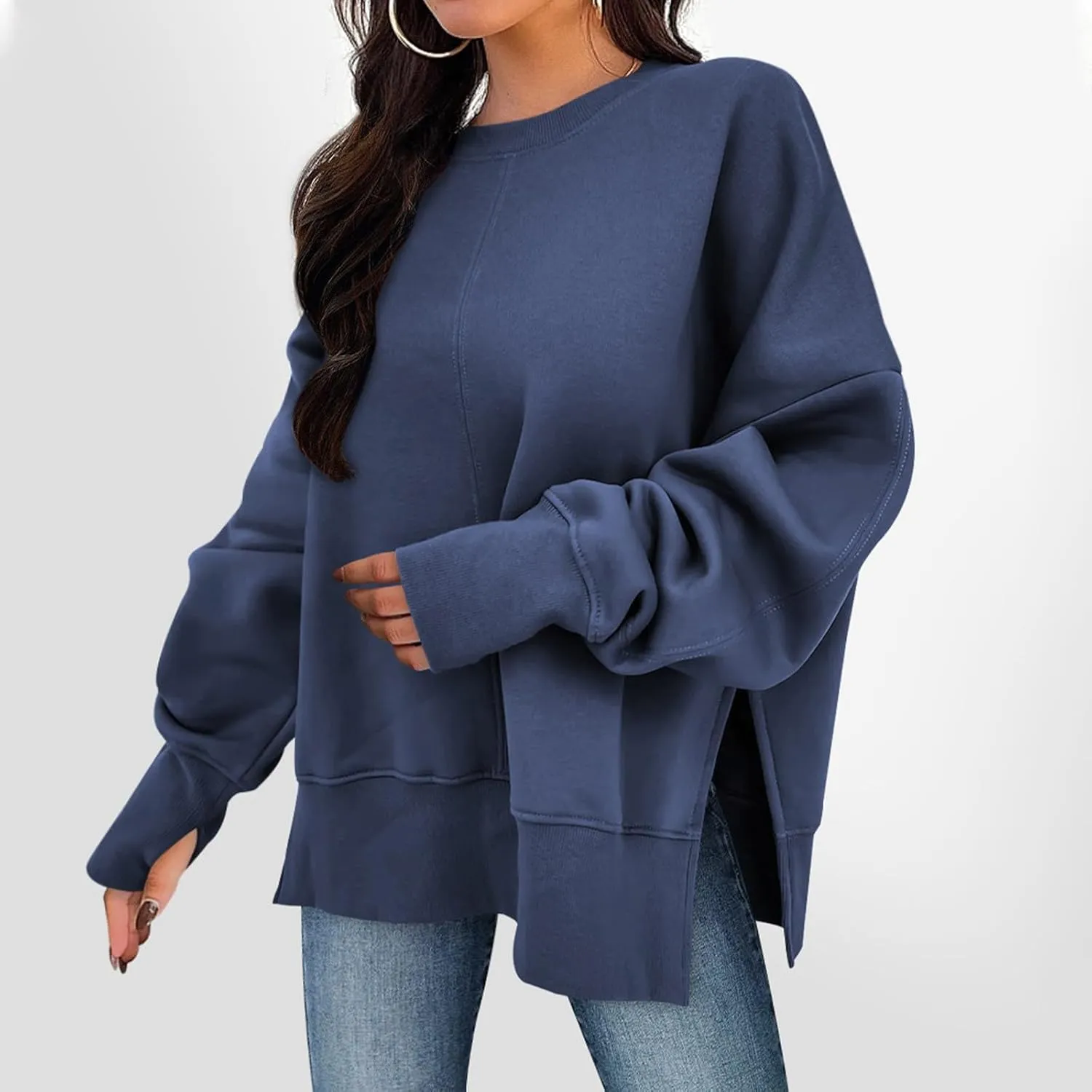 Oversized Sweatshirt for Women Loose Fit Drop Shoulder Split Hem Tops Thumb Hole Trendy Y2K Sweater Pullover