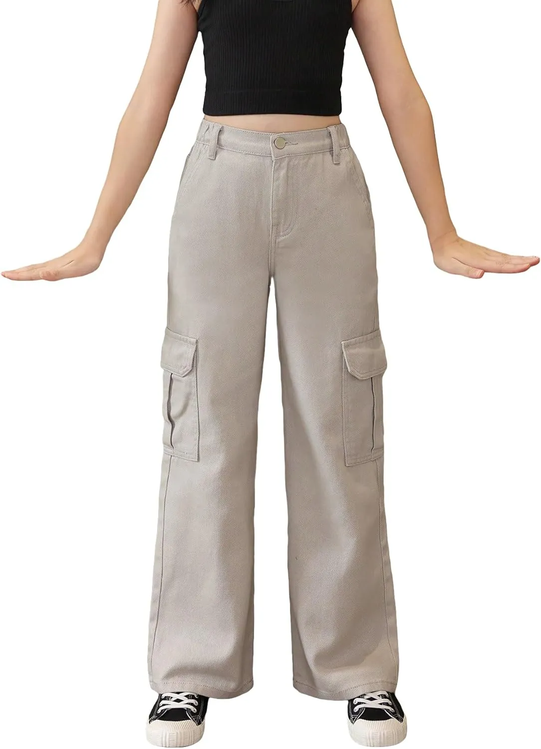 OYOANGLE Girl's High Waist Flap Pockets Side Cargo Pants Casual Straight Leg Long Trousers