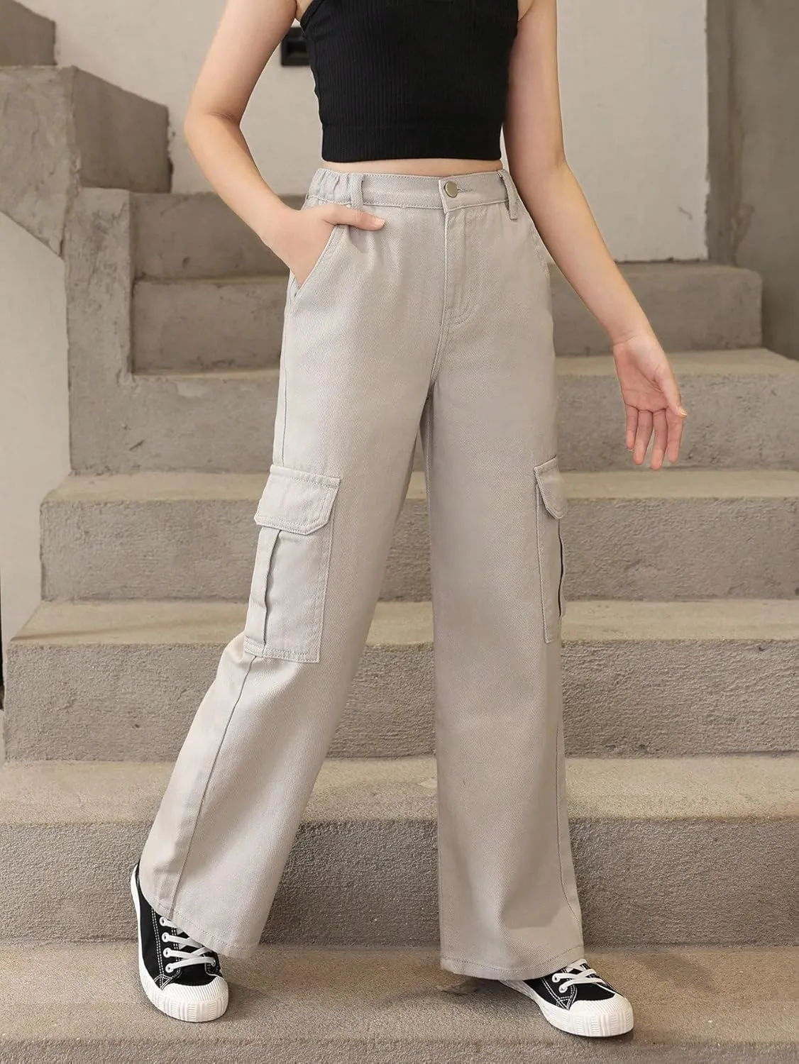 OYOANGLE Girl's High Waist Flap Pockets Side Cargo Pants Casual Straight Leg Long Trousers