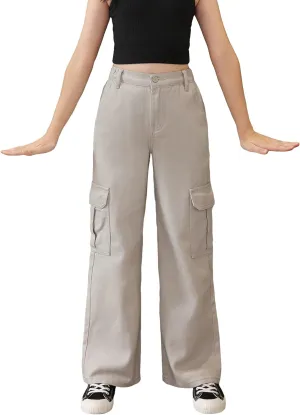 OYOANGLE Girl's High Waist Flap Pockets Side Cargo Pants Casual Straight Leg Long Trousers