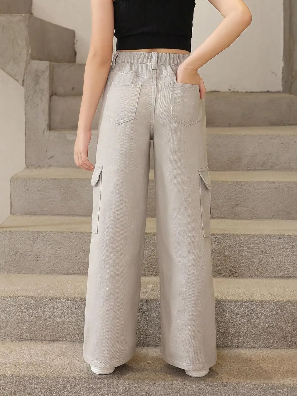 OYOANGLE Girl's High Waist Flap Pockets Side Cargo Pants Casual Straight Leg Long Trousers