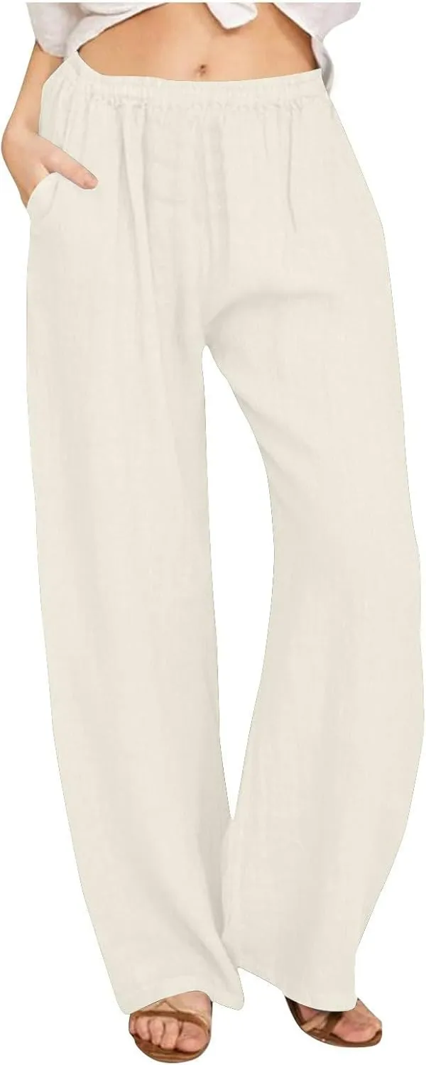 Pants for Women Summer Solid Color Straight Leg Casual Trousers Baggy Elastic High Waist Pant with Pockets