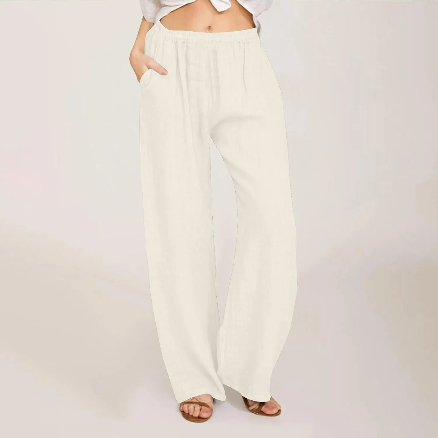 Pants for Women Summer Solid Color Straight Leg Casual Trousers Baggy Elastic High Waist Pant with Pockets
