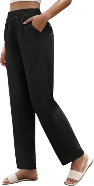 Pants for Womens Stretch High Waisted Pockets Solid Color Trousers Casual Straight Leg Loose Comfy Full Length Pant