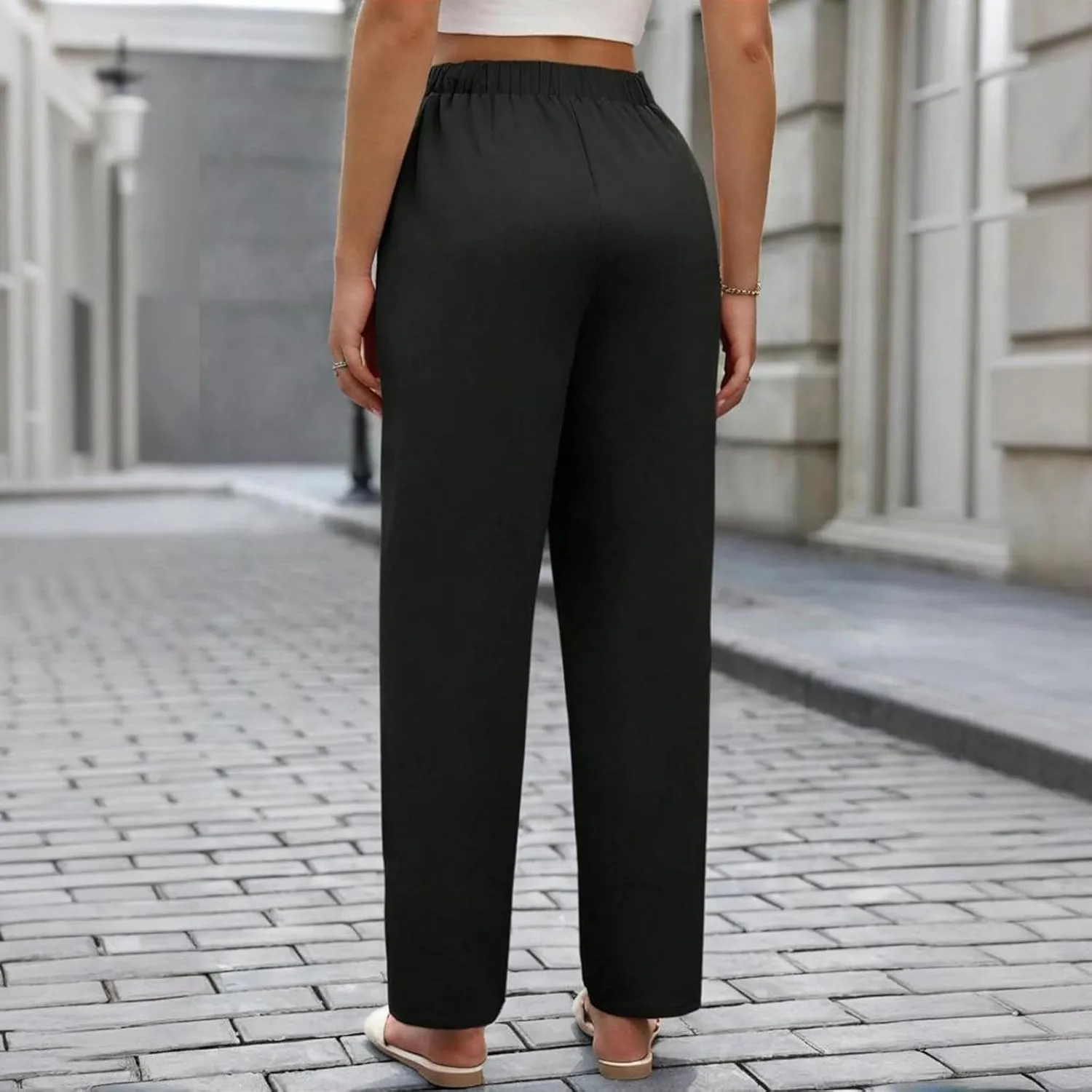 Pants for Womens Stretch High Waisted Pockets Solid Color Trousers Casual Straight Leg Loose Comfy Full Length Pant