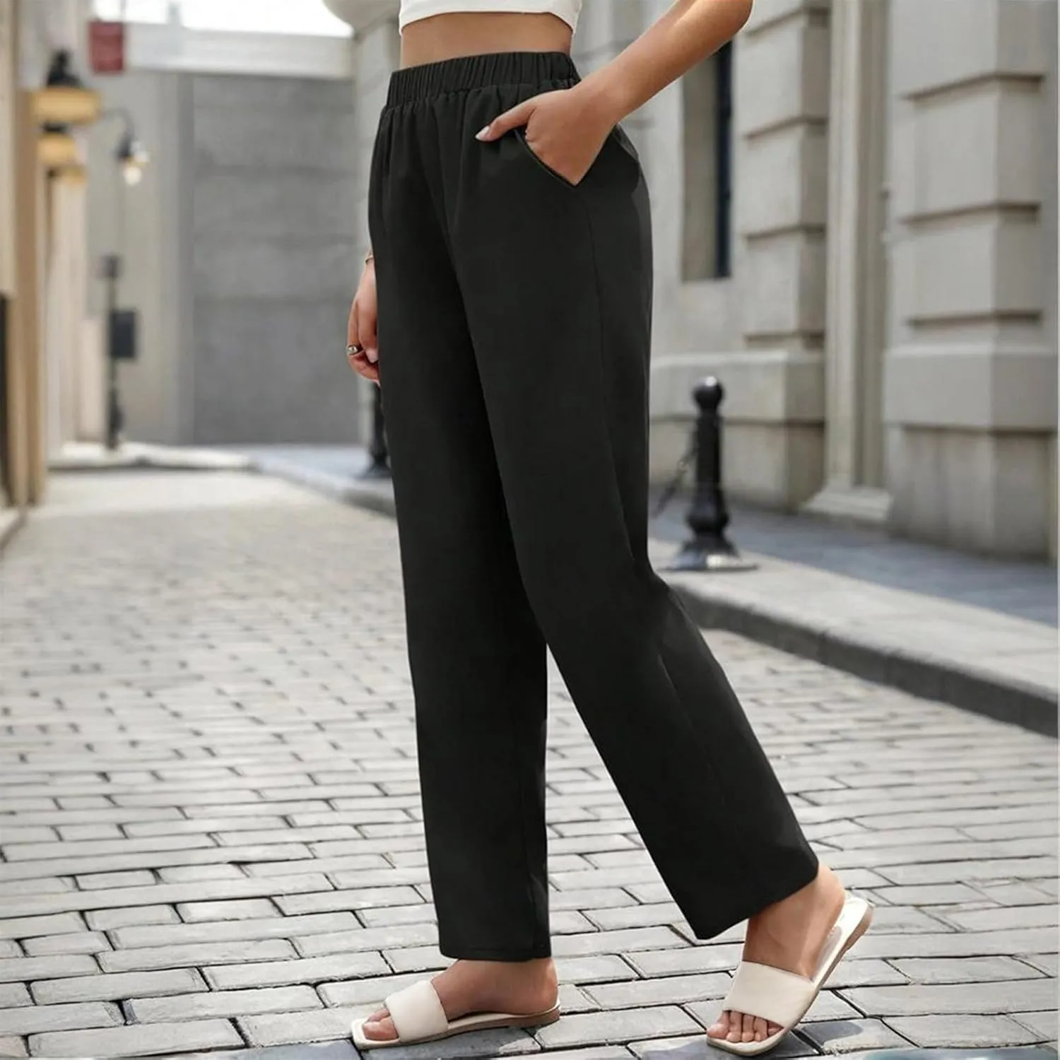 Pants for Womens Stretch High Waisted Pockets Solid Color Trousers Casual Straight Leg Loose Comfy Full Length Pant