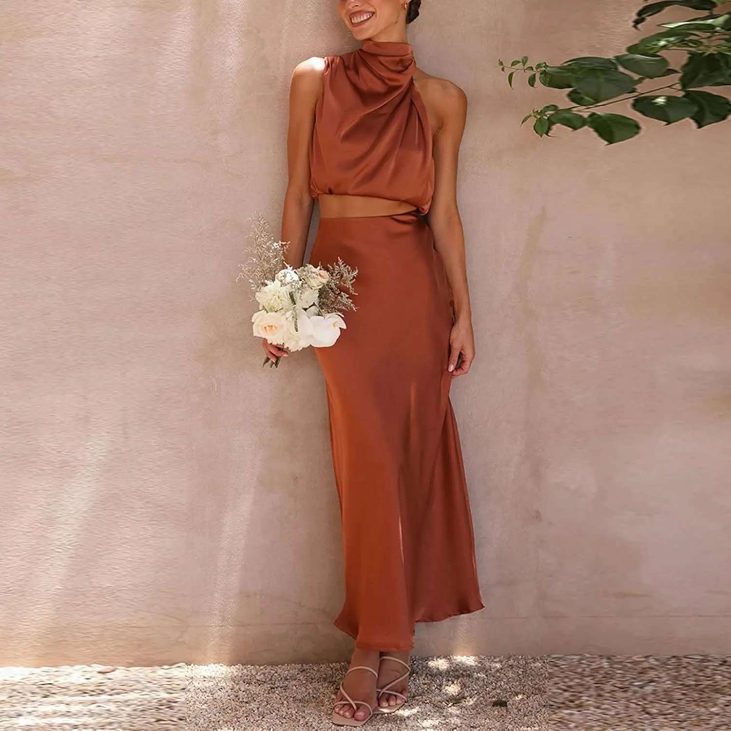 Party Dresses for Women,2024 Summer Elegant Satin Sleeveless Mock Neck Formal Dress,Trendy Floral Print Maxi Dress