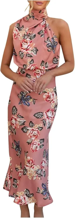 Party Dresses for Women,2024 Summer Elegant Satin Sleeveless Mock Neck Formal Dress,Trendy Floral Print Maxi Dress