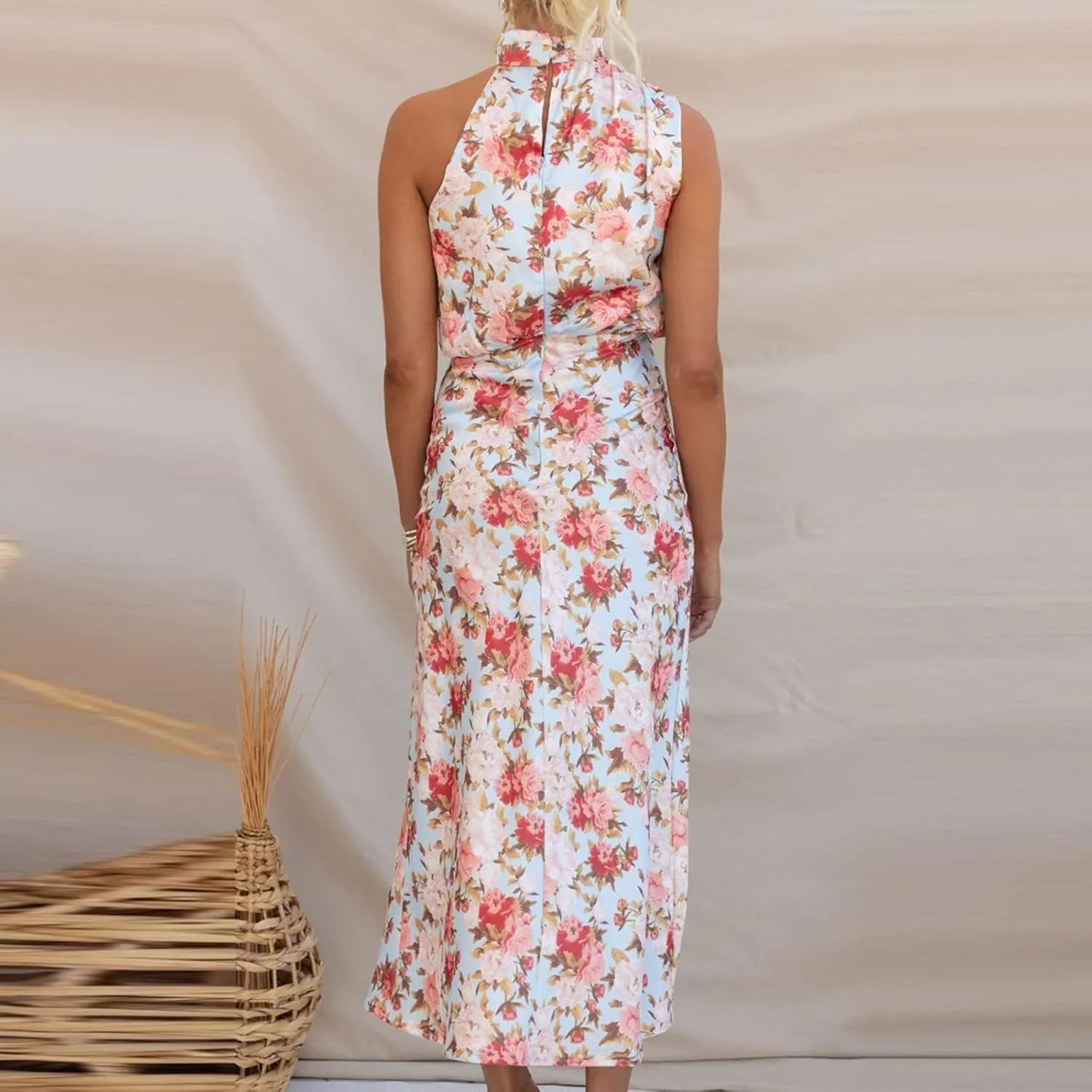 Party Dresses for Women,2024 Summer Elegant Satin Sleeveless Mock Neck Formal Dress,Trendy Floral Print Maxi Dress