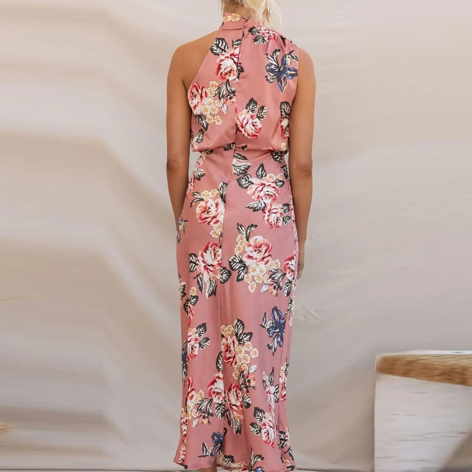 Party Dresses for Women,2024 Summer Elegant Satin Sleeveless Mock Neck Formal Dress,Trendy Floral Print Maxi Dress
