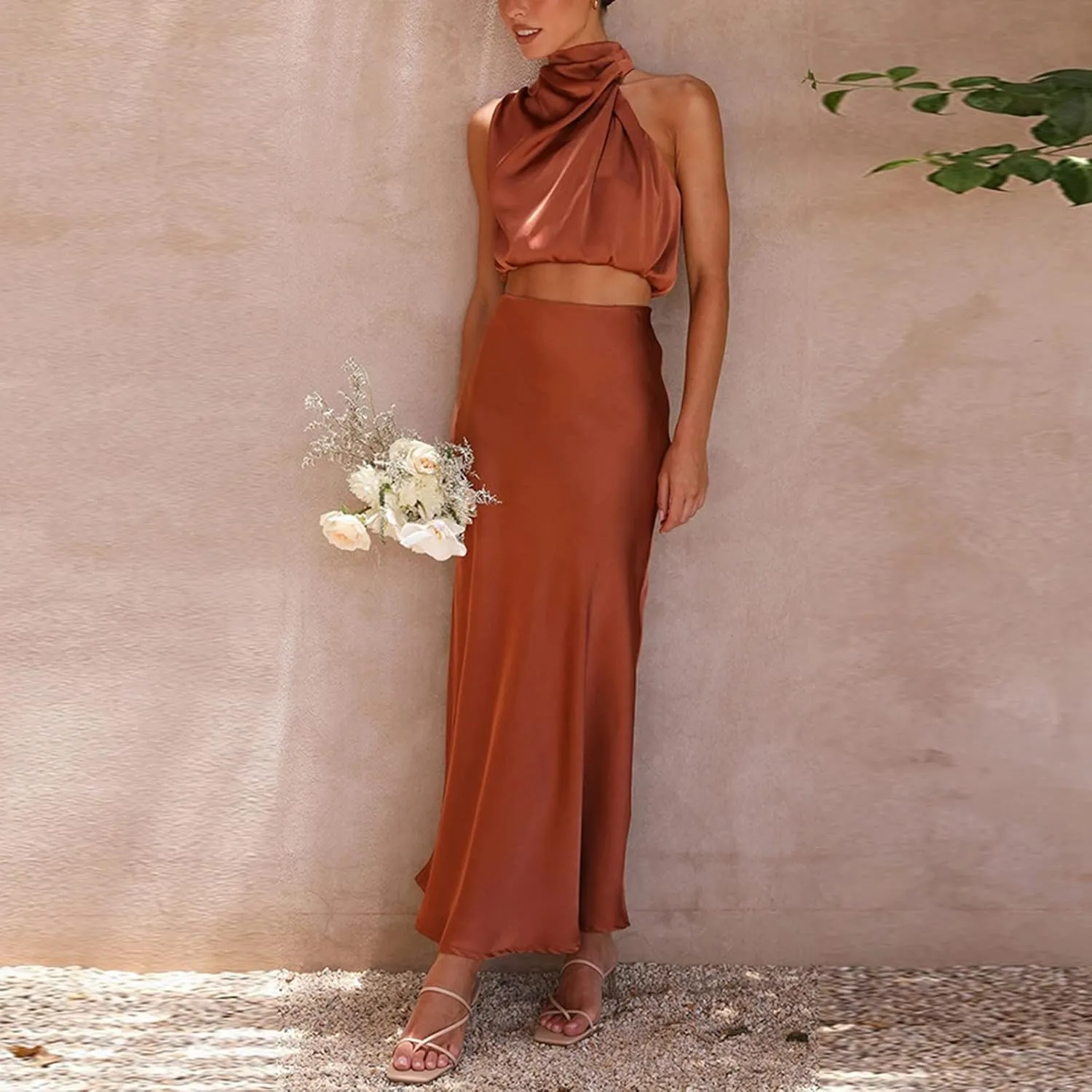 Party Dresses for Women,2024 Summer Elegant Satin Sleeveless Mock Neck Formal Dress,Trendy Floral Print Maxi Dress