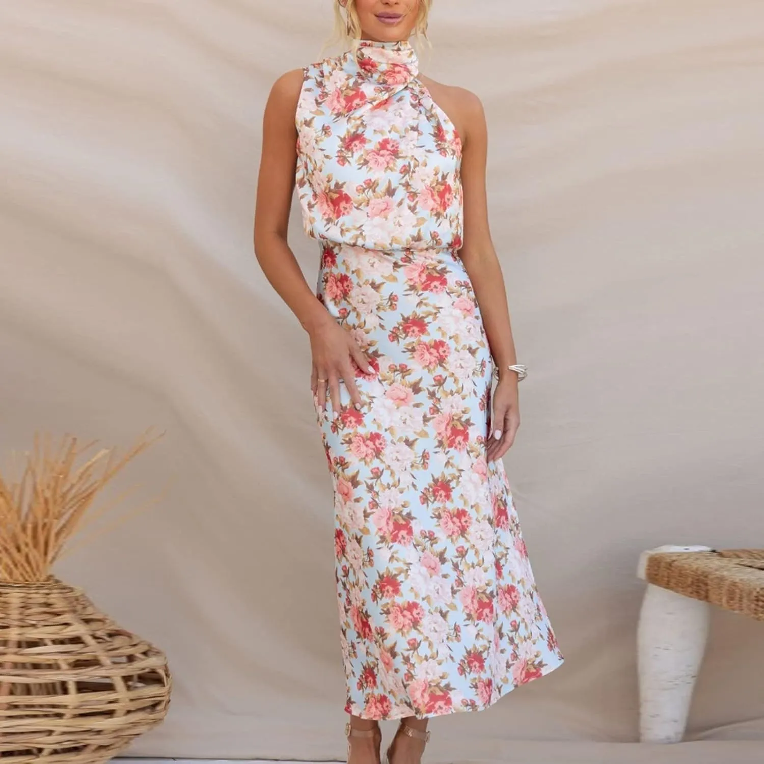 Party Dresses for Women,2024 Summer Elegant Satin Sleeveless Mock Neck Formal Dress,Trendy Floral Print Maxi Dress