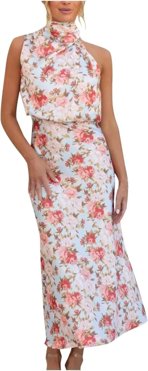 Party Dresses for Women,2024 Summer Elegant Satin Sleeveless Mock Neck Formal Dress,Trendy Floral Print Maxi Dress