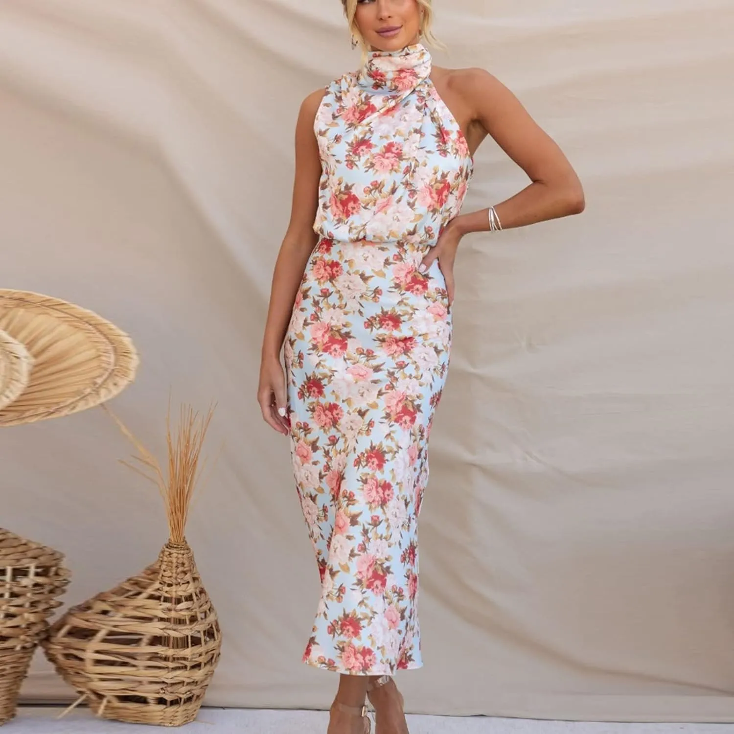 Party Dresses for Women,2024 Summer Elegant Satin Sleeveless Mock Neck Formal Dress,Trendy Floral Print Maxi Dress