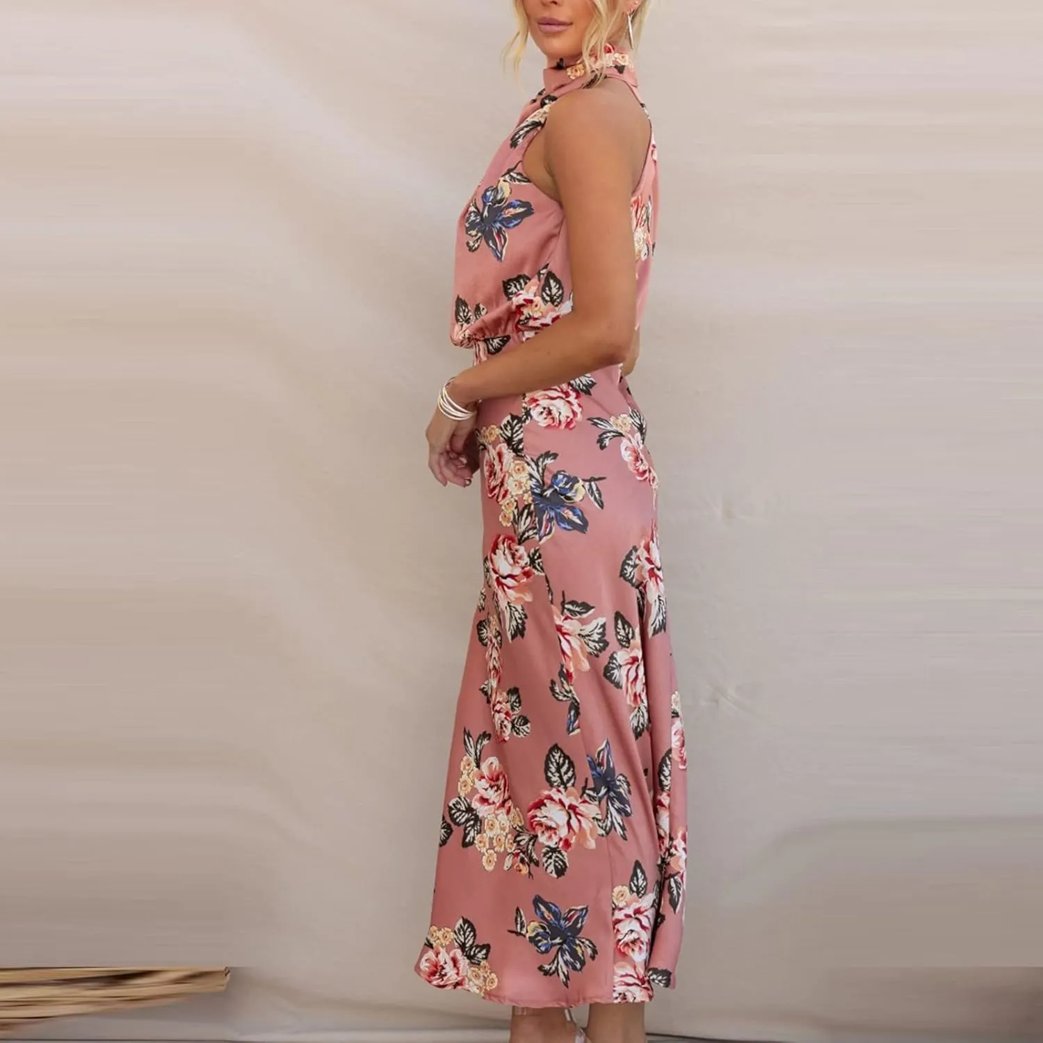 Party Dresses for Women,2024 Summer Elegant Satin Sleeveless Mock Neck Formal Dress,Trendy Floral Print Maxi Dress