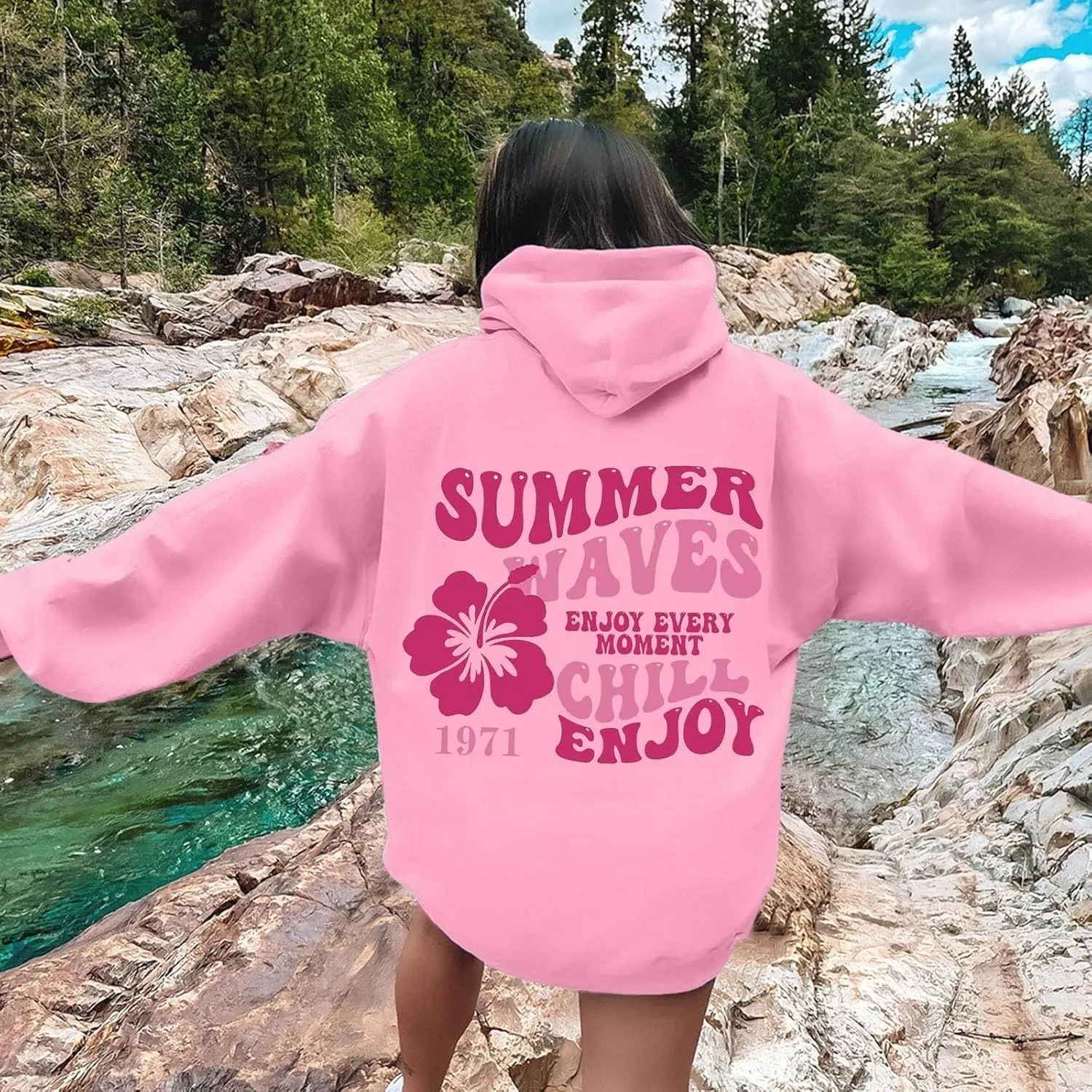Pink Palm Puff Hoodie Sweatshirt for Women Oversized Graphic Hoodies Hooded Neck Pullover Sweater Fall Outfits 2024
