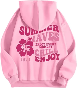 Pink Palm Puff Hoodie Sweatshirt for Women Oversized Graphic Hoodies Hooded Neck Pullover Sweater Fall Outfits 2024