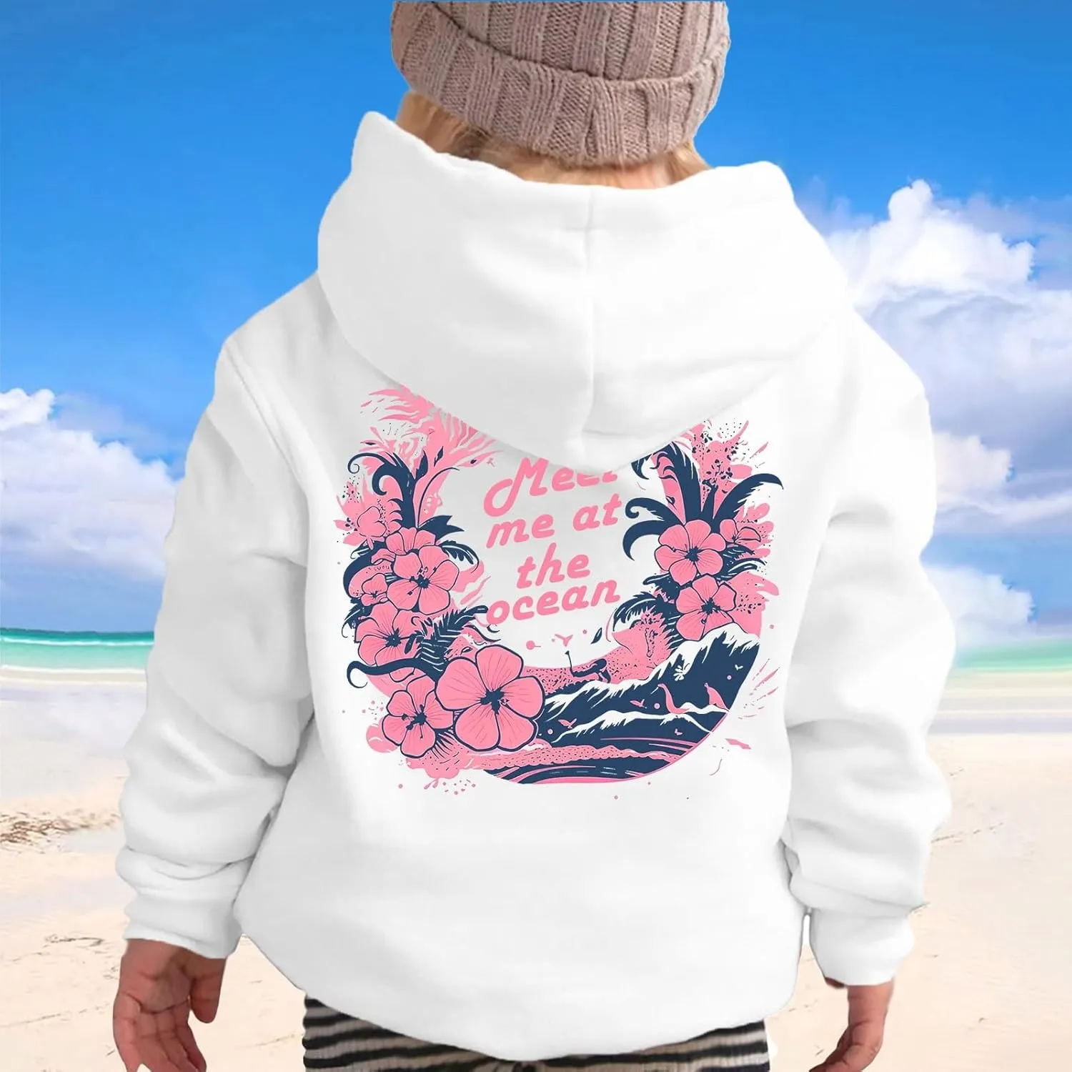 Pink Pom Puff Hoodies For Kids Meet Me At The Ocean Cute Preppy Sweatshirt Teen Girls Oversized Y2K Casual Pullover
