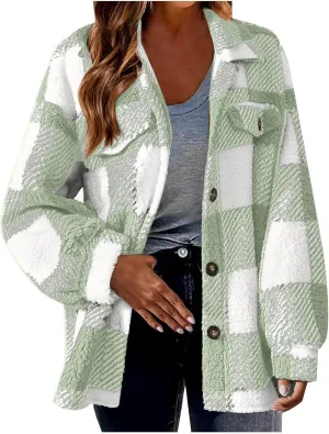 Plaid Fleece Shacket Jacket Womens Oversized Flannel Button Fall Hoodie Jackets With Pockets Warm Winter Coats