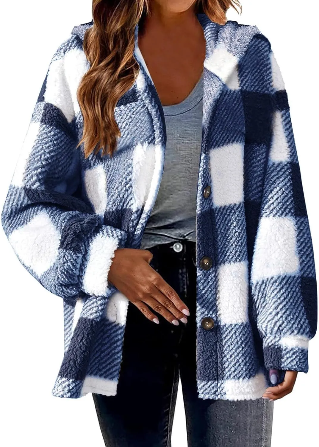 Plaid Fleece Shacket Jacket Womens Oversized Flannel Button Fall Hoodie Jackets With Pockets Warm Winter Coats