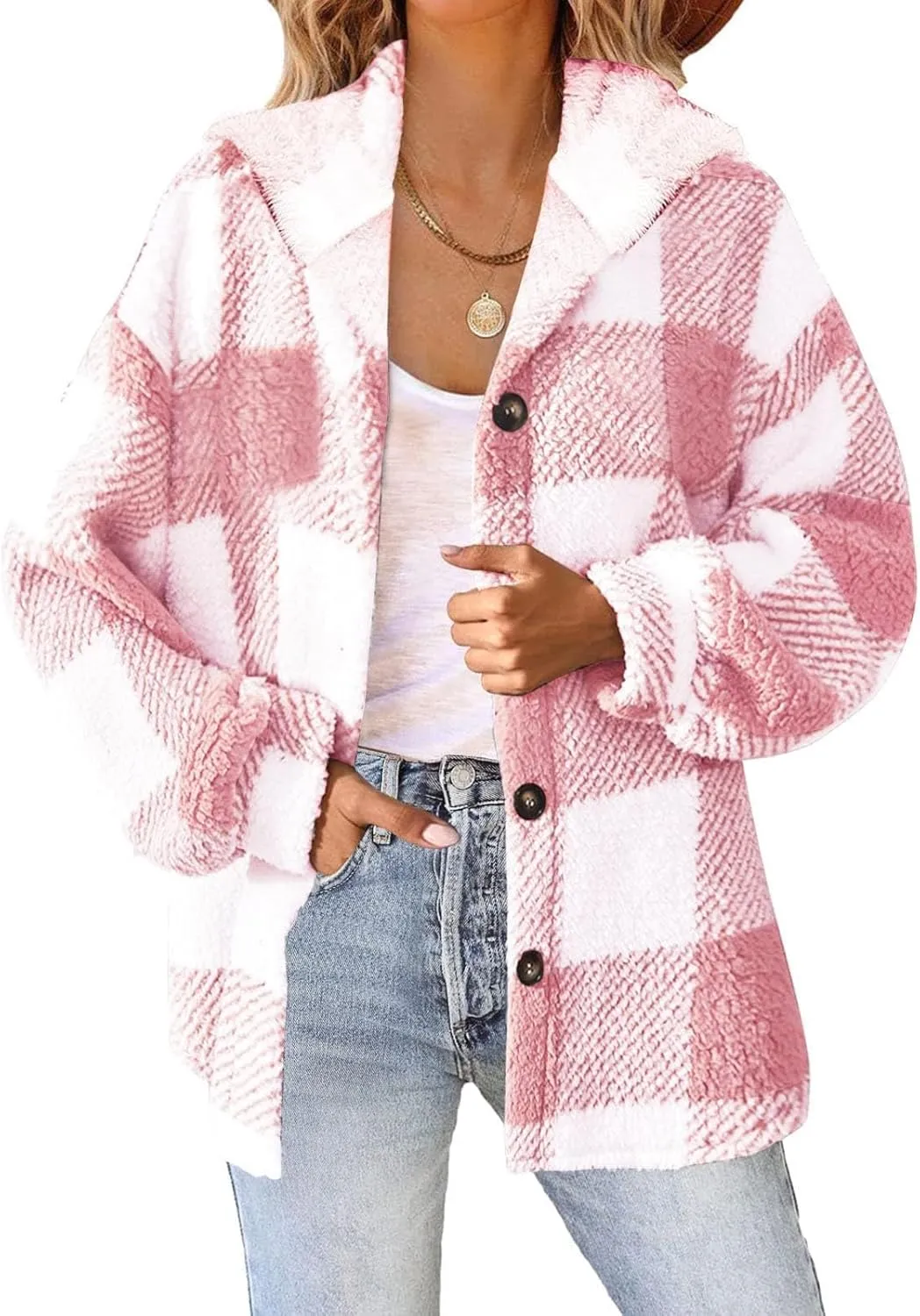 Plaid Fleece Shacket Jacket Womens Oversized Flannel Button Fall Hoodie Jackets With Pockets Warm Winter Coats