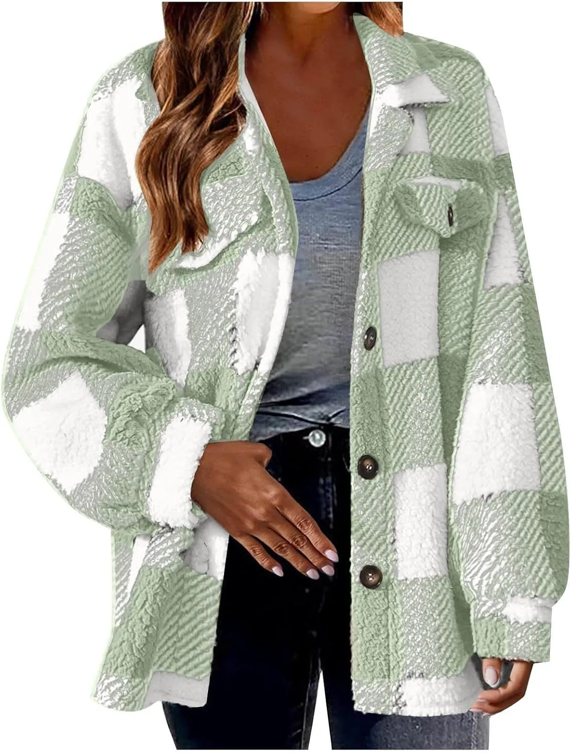 Plaid Fleece Shacket Jacket Womens Oversized Flannel Button Fall Hoodie Jackets With Pockets Warm Winter Coats