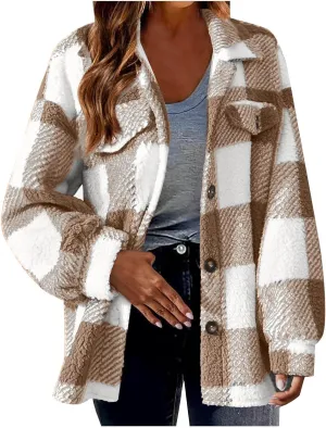 Plaid Fleece Shacket Jacket Womens Oversized Flannel Button Fall Hoodie Jackets With Pockets Warm Winter Coats