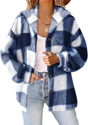 Plaid Fleece Shacket Jacket Womens Oversized Flannel Button Fall Hoodie Jackets With Pockets Warm Winter Coats