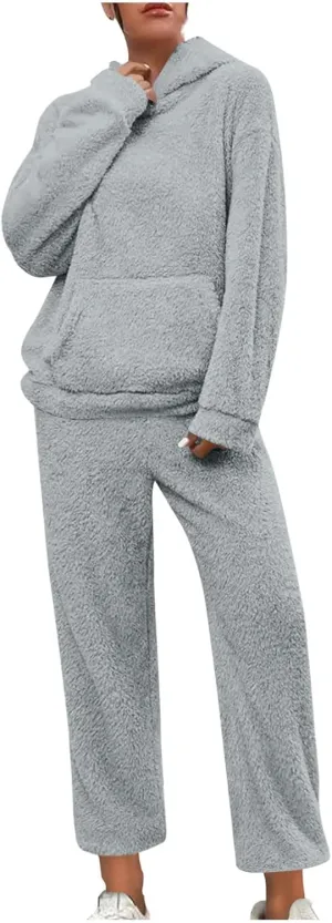 Plus Size 2 Piece Sets Women Long Sleeve Pajama Set Hooded Sweatshirt and Elastic Solid Pants Fuzzy Lounge Set