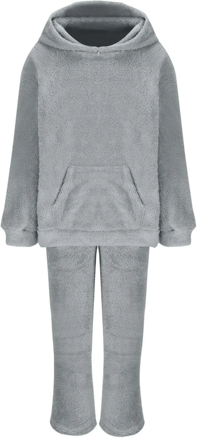 Plus Size 2 Piece Sets Women Long Sleeve Pajama Set Hooded Sweatshirt and Elastic Solid Pants Fuzzy Lounge Set