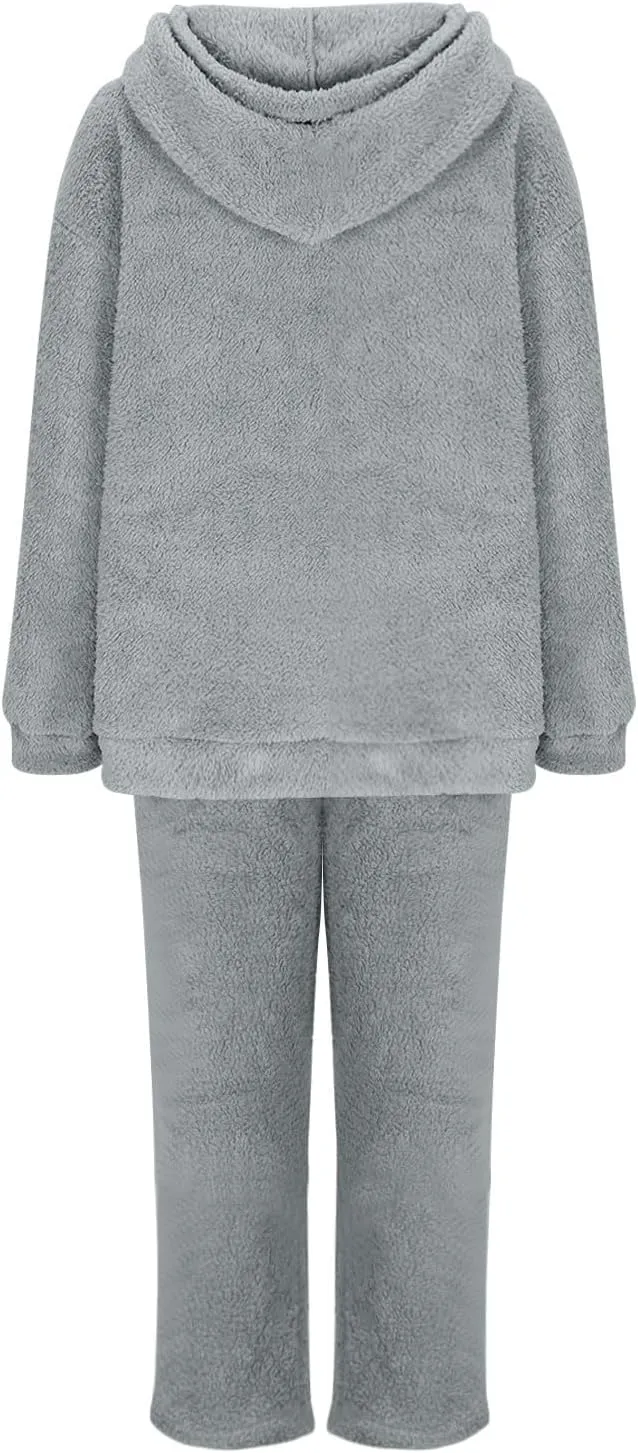 Plus Size 2 Piece Sets Women Long Sleeve Pajama Set Hooded Sweatshirt and Elastic Solid Pants Fuzzy Lounge Set