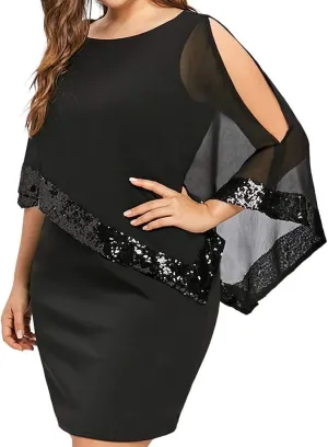 Plus Size Cape Dresses for Women with Metallic Trim Chiffon Overlay Bodycon Pencil Dress Wedding Cocktail Party Dress