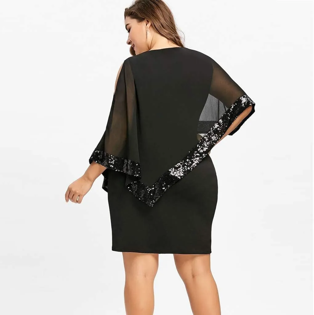 Plus Size Cape Dresses for Women with Metallic Trim Chiffon Overlay Bodycon Pencil Dress Wedding Cocktail Party Dress