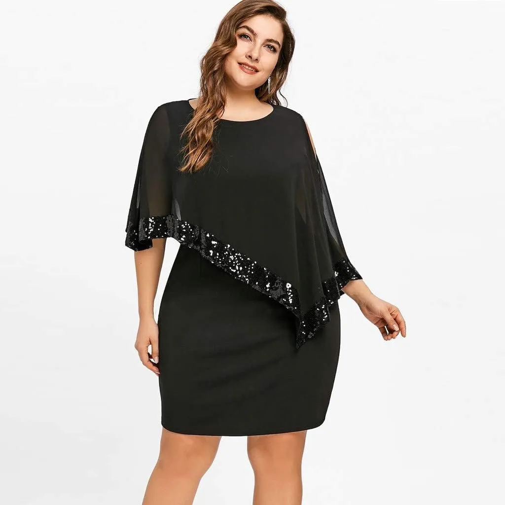 Plus Size Cape Dresses for Women with Metallic Trim Chiffon Overlay Bodycon Pencil Dress Wedding Cocktail Party Dress