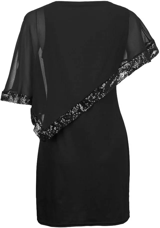 Plus Size Cape Dresses for Women with Metallic Trim Chiffon Overlay Bodycon Pencil Dress Wedding Cocktail Party Dress