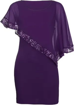 Plus Size Dresses for Curvy Women Sequin Splicing Strapless Chiffon Round Neck Cape Dress Bodycon Gown, S-5XL