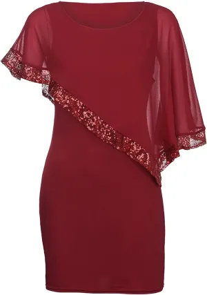 Plus Size Dresses for Curvy Women Sequin Splicing Strapless Chiffon Round Neck Cape Dress Bodycon Gown, S-5XL