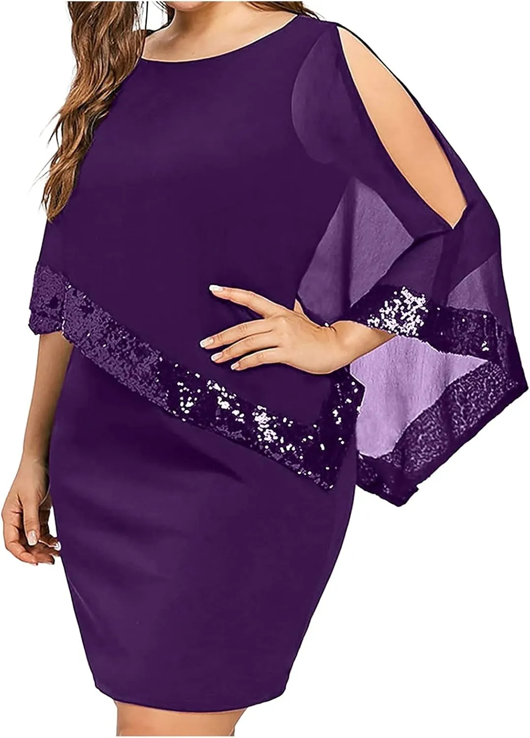 Plus Size Dresses for Curvy Women Sequin Splicing Strapless Chiffon Round Neck Cape Dress Bodycon Gown, S-5XL