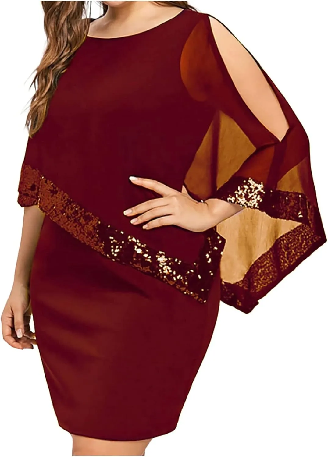 Plus Size Dresses for Curvy Women Sequin Splicing Strapless Chiffon Round Neck Cape Dress Bodycon Gown, S-5XL